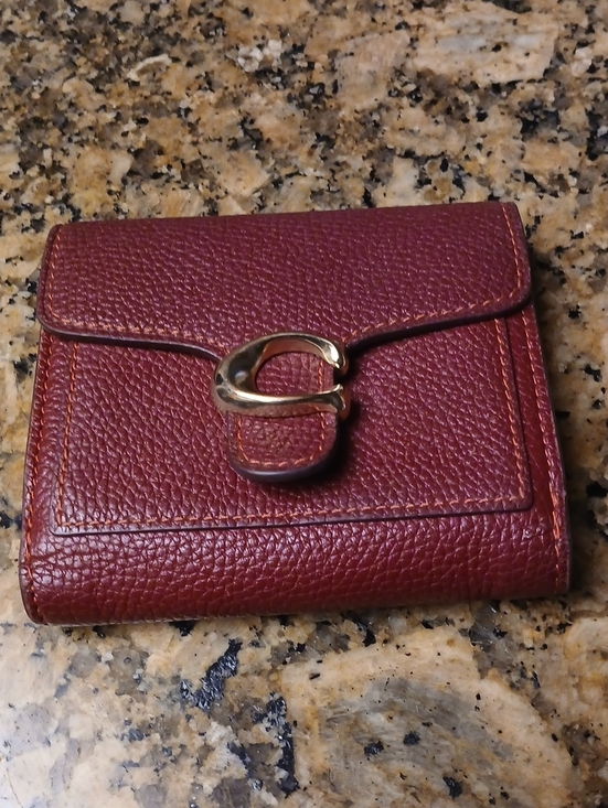 Coach Handbags - COACH Pebbled Fold-Over Wallet in Wine Red with Gold Hardware